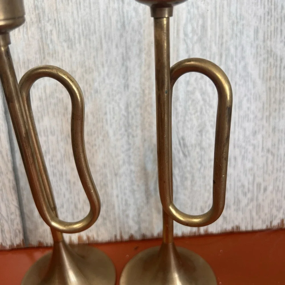 2 Vintage Brass Candlesticks Horn Shaped Made in Taiwan | 1960s 1970s